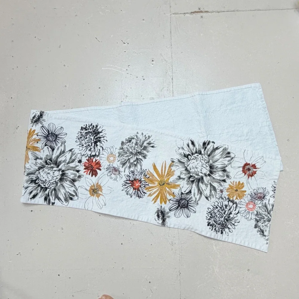 Rachel Zoe White Cotton Floral Table Runner Mustard Orange Grey 82 x 15 Inch